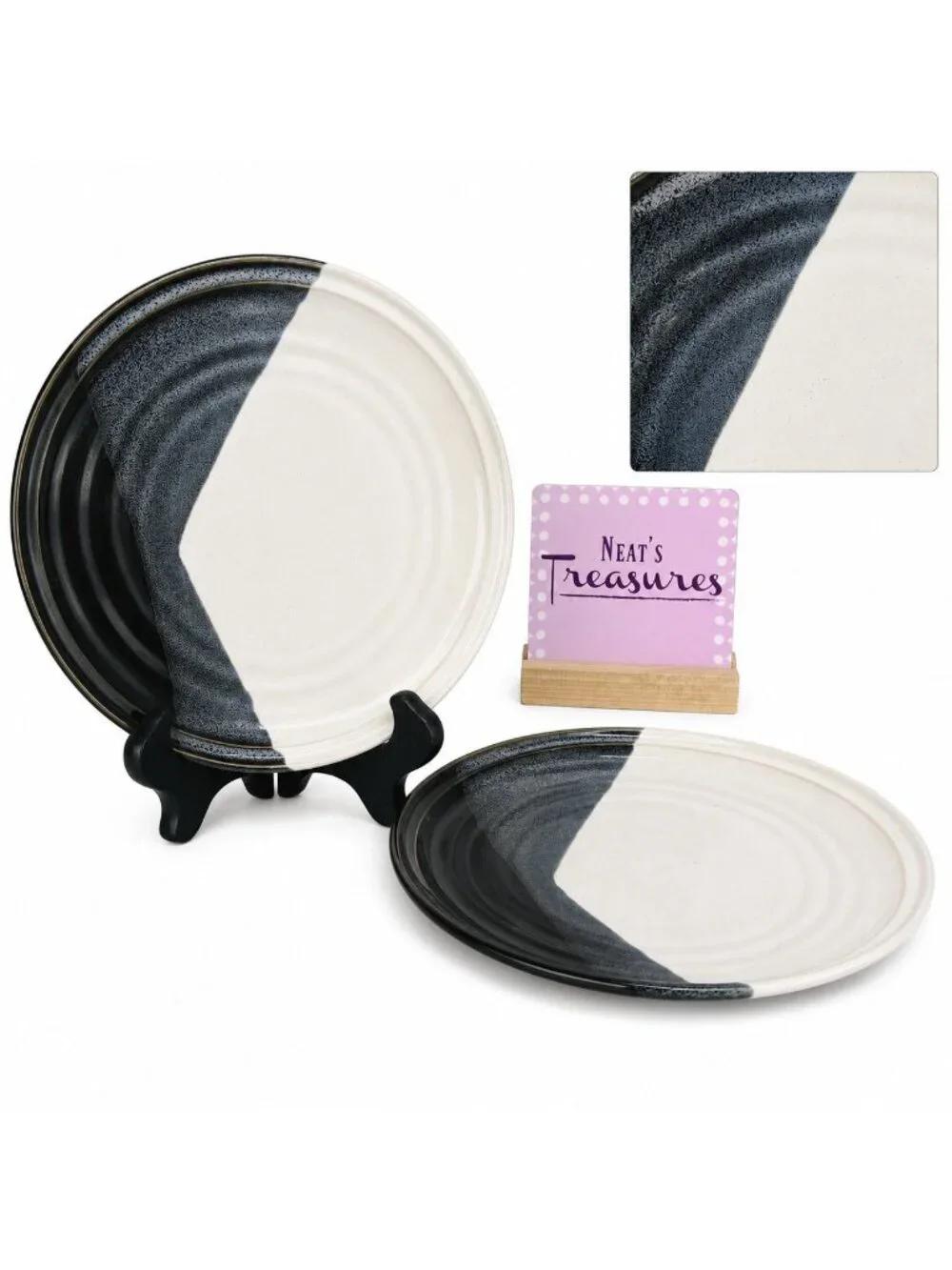 Noritake Stoneware DURANGO 8647 Black Blue Abstract Panels Salad Plates Set 2